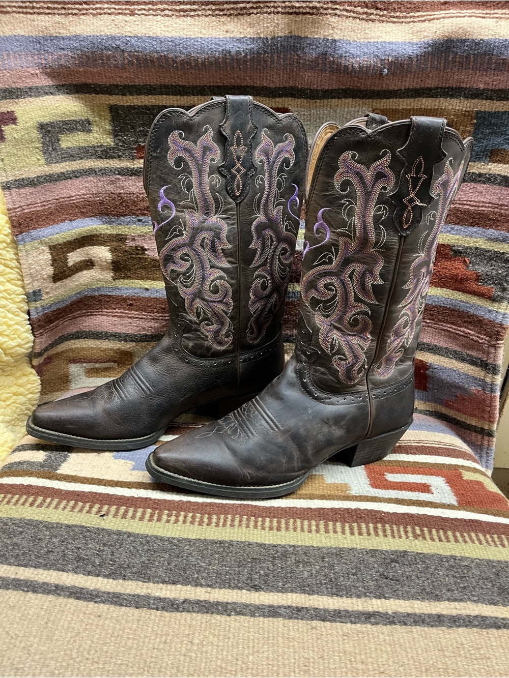 Justin Leather Cowboy Boots with Purple Stitching